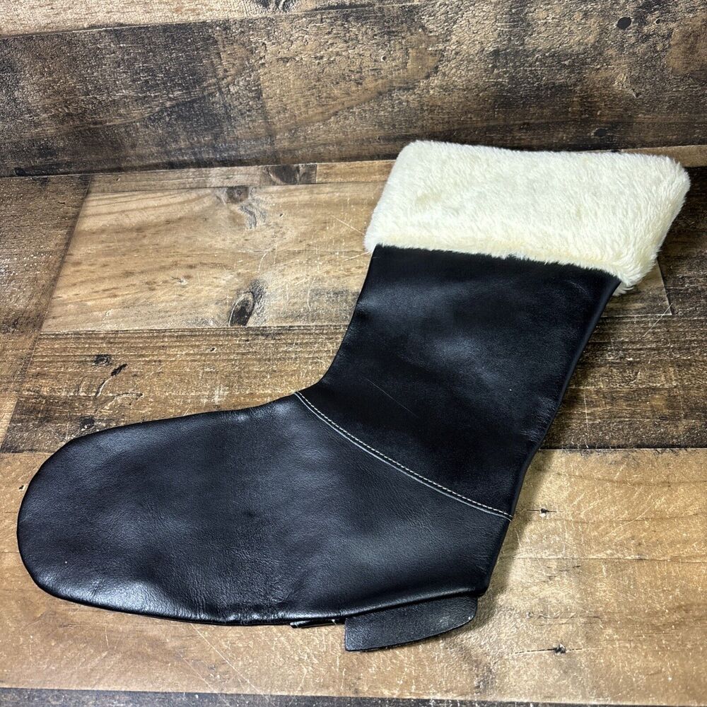 Vtg Harley-Davidson Christmas Stocking Boot Black Faux Leather Fur Logo Chain - Picture 4 of 7